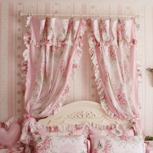 DIAIDI Korean Style Rustic Vintage Pink Rose Curtain Bedroom Floral Windowtreatment(Two Panels)