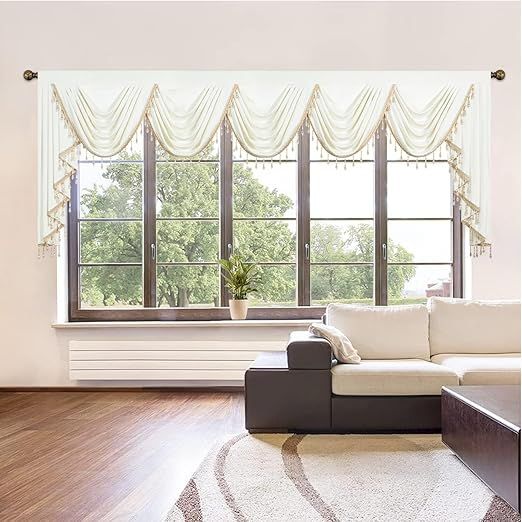 About this item  •  Package Includes- 1 (Single) Velvet Valance that Measures 110-Inches Wide x 48-Inches Long (110x48) •  Velvet Material: Waterfall Window Valance uses soft and breathable velvet fabrics, which is comfortable to touch and suitable for ho