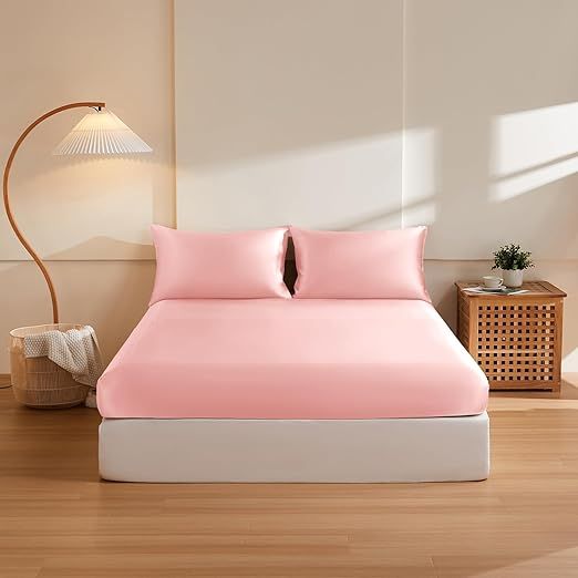THXSILK 6A+ Top Grade 100% Pure Mulberry Silk Cal. King Fitted Sheet 3Pcs Set Bed Sheets Luxury Bedding for Hair and Skin Cooling Soft Durable, 1 Fitted Sheet with 2 Pillowcases, Charming Pink