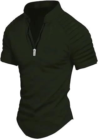 Men's Lapel Shirt Sports Solid Color Standing Collar Pleated Zipper Breathable Casual Top Short Sleeve