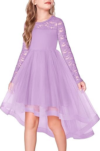 Arshiner Flower Girl Lace Tutu Dresses High Low Hem Long Sleeve Flowy Formal Party Wedding Dress