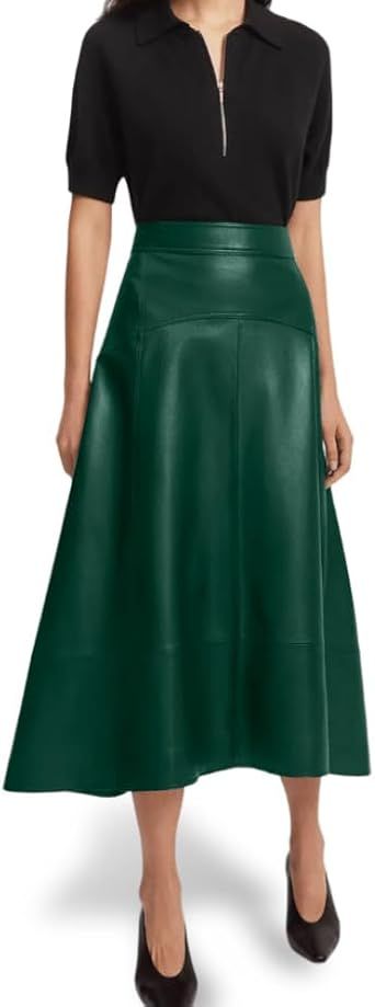 Jild Real Lambskin Leather Skirts for Women High Waist Classical Mid Length Going Out Skirt with Stylish Patchwork