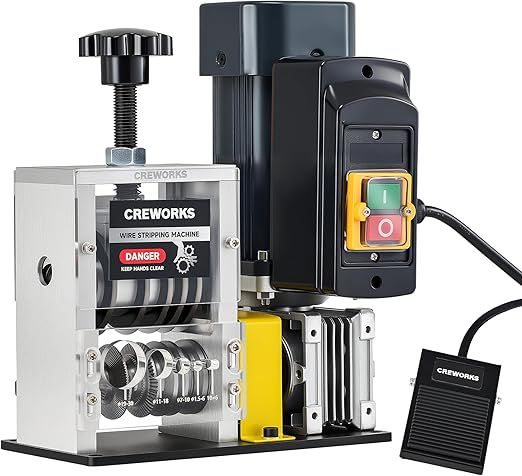 CREWORKS 180W Motor Automatic Wire Stripper Machine, 5 Blade Electric Wire Stripping Machine for 0.06"-1.18" (1.5-30 mm) Scrap Wire with 2 Feed Plates Foot Pedal Switch Sharpening Rod