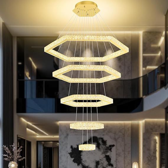 Modern Large Gold 5 Ring Chandelier Long Crystal Chandelier for High Ceiling Hexagonal Crystal Chandeliers Height Shape Adjustable Dimmable 8in+16in+24in+32in+40in