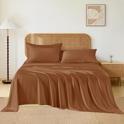 THXSILK Luxury Mulberry Silk Bed Sheets Set - 4pcs Silk Sheets Set 16" Deep Pocket - 1 Fitted Sheet, 1 Flat Sheet, 2 Pillowcases with Zipper Closure - Full, Brown