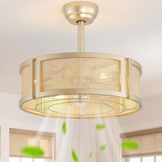 20" Boho Ceiling Fans with Lights, Rattan Fandelier Ceiling Fan with Light Remote Control with Caged 6 Speeds for Bedroom, Nursery, Living Room (Gold)