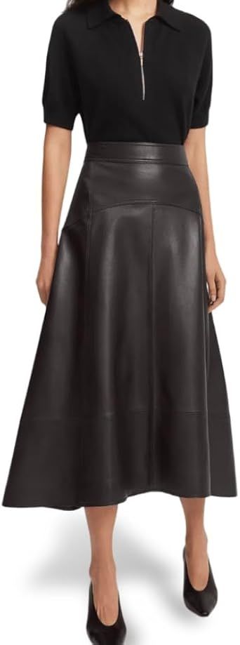 Jild Real Lambskin Leather Skirts for Women High Waist Classical Mid Length Going Out Skirt with Stylish Patchwork