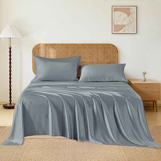 THXSILK Luxury Mulberry Silk Bed Sheets Set - 4pcs Silk Sheets Set 16" Deep Pocket - 1 Fitted Sheet, 1 Flat Sheet, 2 Pillowcases with Zipper Closure - Full, Stone Blue