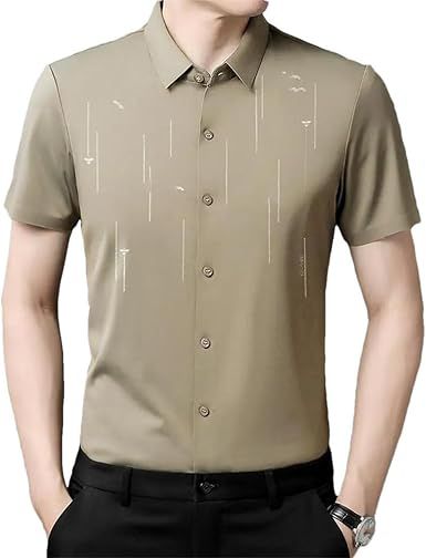 Men Summer T-Shirt Short Sleeve Solid Turn-Down Collar Striped Business Button Tops