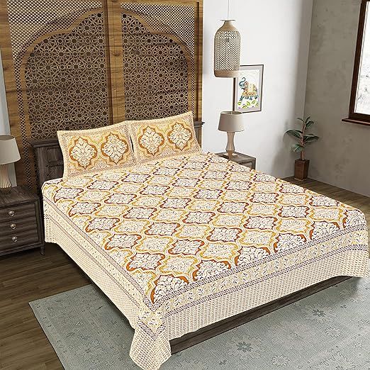 Cotton Printed Bedsheet Set | Soft-Breathable Bedding with Zippered Pillow Covers (Gold, King (U.S. Standard))