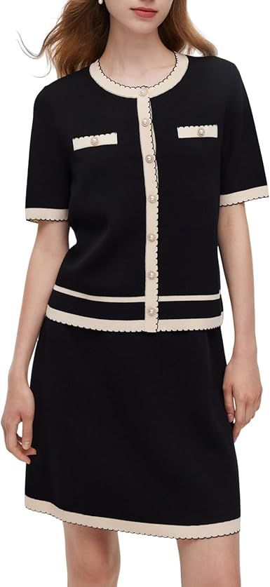 GOELIA Summer Sets Women 2 Piece Outfits Skirts Set Lyocell Knit Two-Piece Set Contrast Trim Button Cardigan with Mini Skirt
