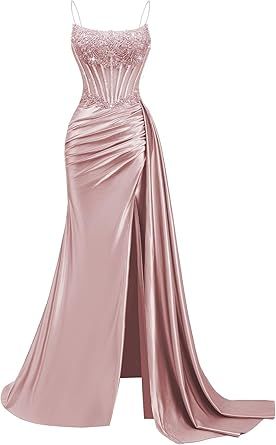 Beaded Satin Prom Dresses Long Mermaid Evening Dresses Lace Applique Corset Formal Party Gown with Slit Tail
