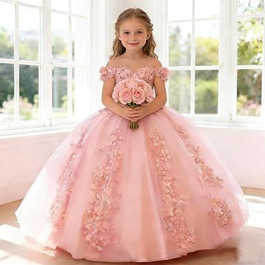 Lace Beaded Flower Girl Dresses for Wedding Off Shoulder Gilrs Pageant Dress Tulle Toddler Ball Gowns with Big Bow