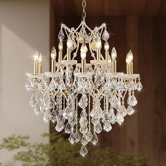 15-Lights Brass K9 Crystal Chandelier for Dining Room, Modern Maria Theresa Chandeliers Light Fixture for Bedroom Living Room Entryway Foyer, H32 x D31-Included Bulbs