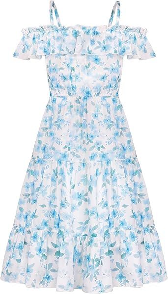 GRACE KARIN Girls Summer Dress Off Shoulder Ruffle Floral Spaghetti Strap Casual Sundress Tiered Midi Dress