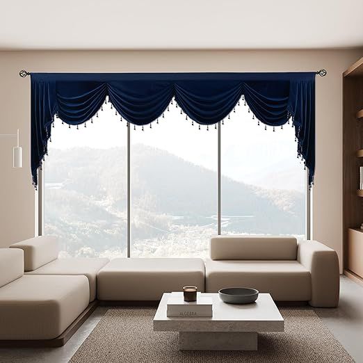 Velvet Waterfall Swag Valance for Living Room, Rod Pocket with Tassels for Kitchen（1Panel, Navy, W110 Inches ）