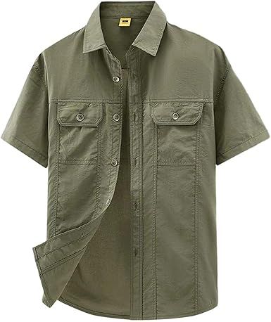 Adhdyuud Men's Short Sleeve Button Down Shirt Lightweight Quick Dry Outdoor Flap Pockets Workwear Shirt