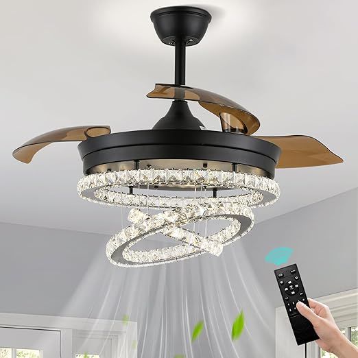 FRIXCHUR 42" Modern Crystal Chandelier Ceiling Fan with Retractable Blades LED Light Dimmable Fandelier with Remote Control Quiet Operation 6 Speeds for Living Room Bedroom Dining Room Black