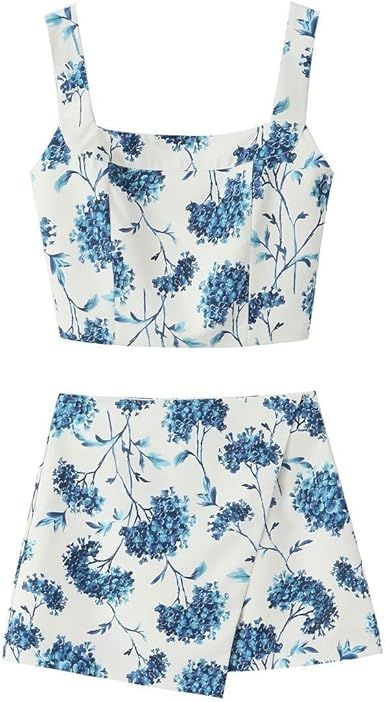 THLAI Women Two Piece Skirt Sets Floral Crop Top and Mini Skirt Sets Summer 2025 Vacation Outfits Short Sets
