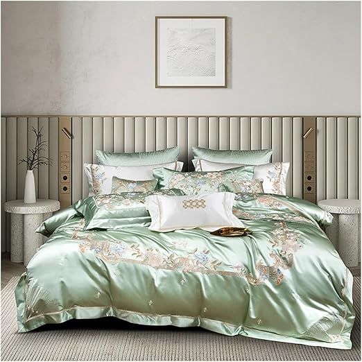 Luxury Satin Brocade 1000TC Egyptian Cotton 4Pcs Bedding Set Flowers Embroidery Silky Duvet Cover Bed Sheet Pillowcases,Bedding, Green, dxf-123