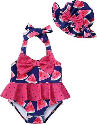 Kucnuzki Baby Girl Swimsuit Newborn One Piece Bathing Suit Bow Tie Bikini Tankini Infant Swimwear with Hat