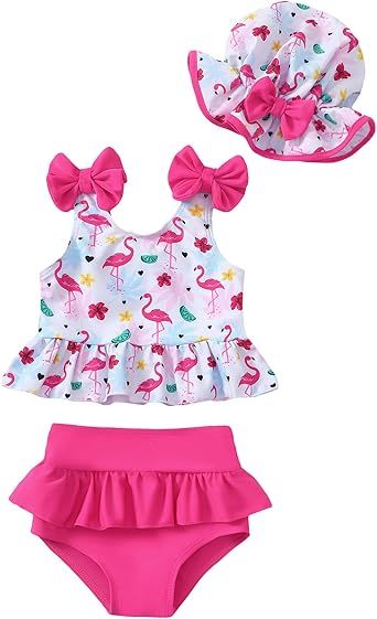 Mioglrie Baby Infant Swimsuit Girl Toddler Bathing Suit Girl Summer Beach Bikini Tankini Swimwear Hat 3-24 Months 2t-5t