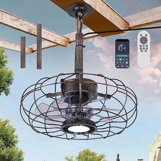 15" Outdoor Ceiling Fan with Light, with Remote and App Remote, IP65 Waterproof Gazebo Hanging Fan, 3CCT Dimmable, Portable Plug in Ceiling Fan with Cord Hook for Patio Porch Pergola (Antique Bronze)