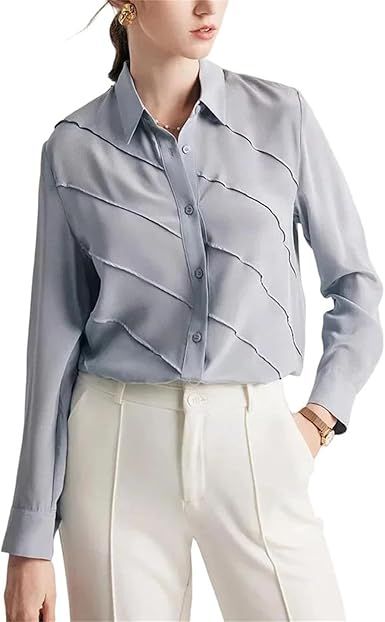 Women's Striped Silk Shirt Spring Summer Turn Down Collar Elegant Office Lady Long Sleeve Blouse Tops