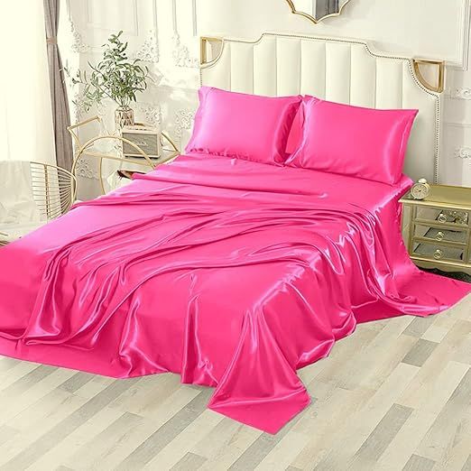 Twin XL Size 4-Piece Sheet Set Premium 30 Momme Mulberry Silk Bed Sheets Set Fits 23-26" Deep Pocket (Solid, Hot Pink)