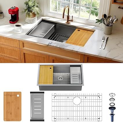 Kitchen Sink 16-Gauge Workstation S304 Stainless Steel Kitchen Sinks Handmade Modern Single Bowl Deep Sink with Accessories and Integrated fregaderos de cocina modernos (32" x 19" x 10")