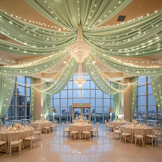 6 Panels Green Ceiling Curtains with Lights for Weddings - 5ftx30ft Wrinkle-Free Tulle Fabric Wedding Arch Draping Ceiling Drapes Decorations for Wedding Party Ceremony Stage Tent Event