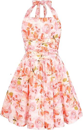 GRACE KARIN Girls Floral Summer Dress Spring Holiday Beach Party Sundress Halter Neck Tie Backless Dresses 7-14 Years