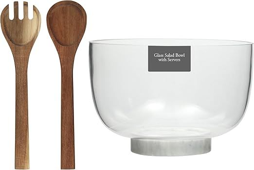 Gibson Elite Wildgreens Large Glass Salad Bowl Set with Marble Base and Acacia Wood Serving Utensils – Elegant Kitchen Dining Set