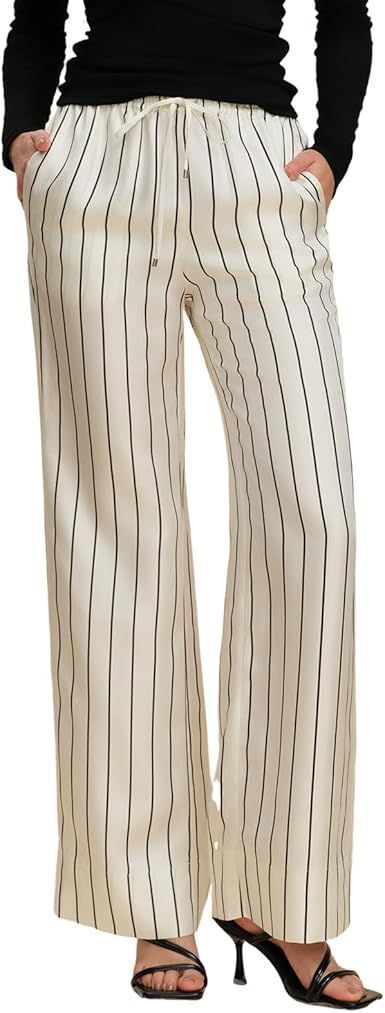 100% Silk Striped Pants for Women Business Casual Flowy Trousers Summer Spring Comfy Office Work Straight Leg Pants