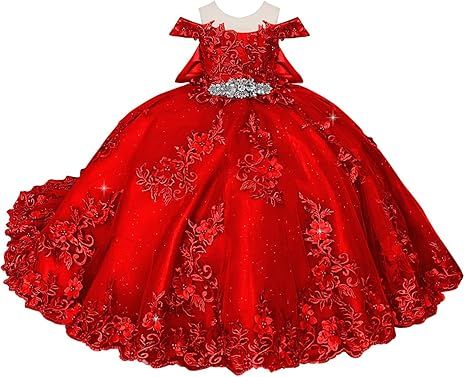 Boatneck Lace Flower Girl Dresses 3D Flower Ball Gown Dresses for Girls Pearly Crystal Girls Pageant Dress