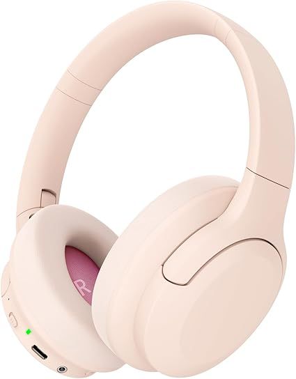Active Noise Cancelling Headphones, Wireless Over Ear Bluetooth Headphones,100H Play Time Bluetooth Headphone with Microphone,Lightweight and Foldable Comfortable Deep Bass for Work/Gym Pink