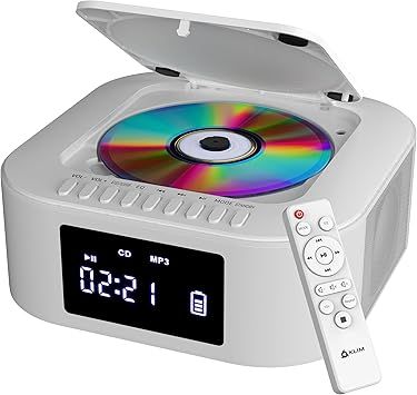 KLIM Boombox E1 - CD Player Portable Audio System + Extra BASS with Subwoofer + FM Radio, CD MP3 Bluetooth AUX USB + Wired and Wireless Mode Rechargeable Battery + Remote Control - White
