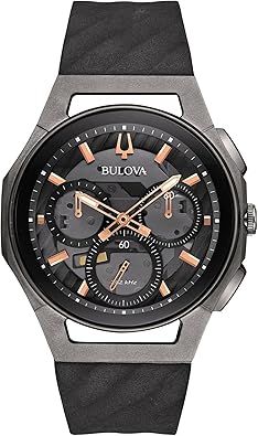 Bulova CURV Chronograph Watch, Black Titanium Case, Silicone Strap, 44mm, 98A162