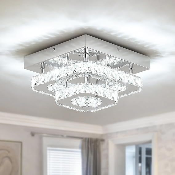9.8 Inch Chrome Square Crystal Flush Mount Ceiling Light, Modern Built-in LED Chandelier for Bedroom, Living Room, Dining Room and Hallway