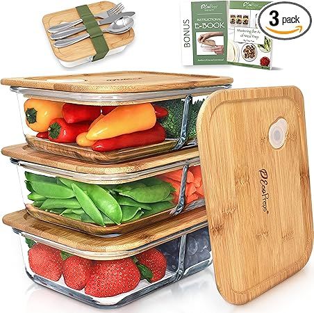 Glass Meal Prep Containers with Bamboo Lids, 2 Compartment Glass Bento Box Container Set (3 Pack) | 100% Plastic Free, Eco-Friendly, Lunch Containers with Lids Made of Bamboo - Set of 3