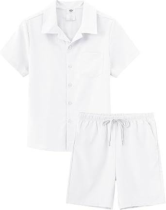 MoFiz Boy's Short 2 Pieces Set Casual Beach Outfits Button Down Shirts Shorts Vacation Texture Sets Kids 6-16 Years