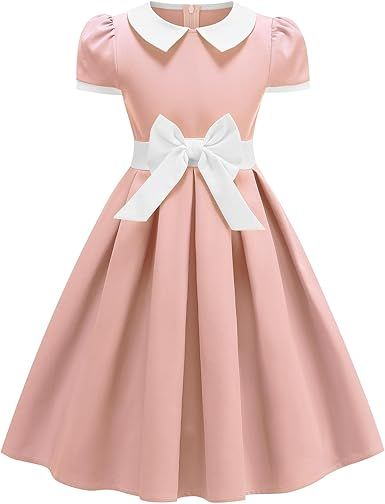 Kids 1950s Vintage Dresses for Girls 50s Outfits Collar Retro 50's Tea Party Bowknot Audrey Hepburn Rockabilly Swing Dress