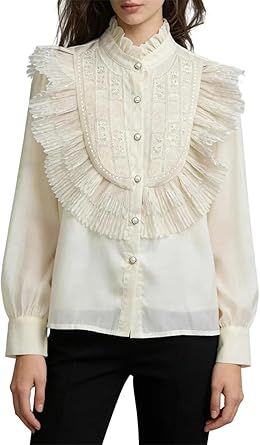 Solid Loose Spliced Ruffles Casual Shirts for Women Stand Neck Long Sleeves Patchwork Beads Shirt