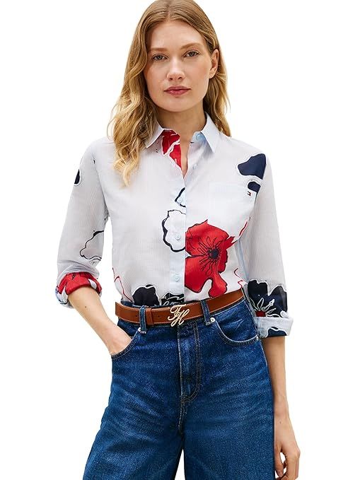 Tommy Hilfiger Womens Cotton Poplin Long Sleeve Button Down Shirt in Regular Fit with Roll Up Sleeve