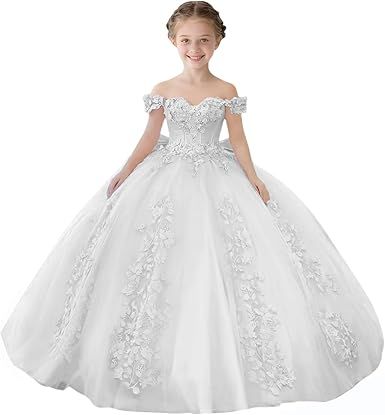 Lace Beaded Flower Girl Dresses for Wedding Off Shoulder Gilrs Pageant Dress Tulle Toddler Ball Gowns with Big Bow