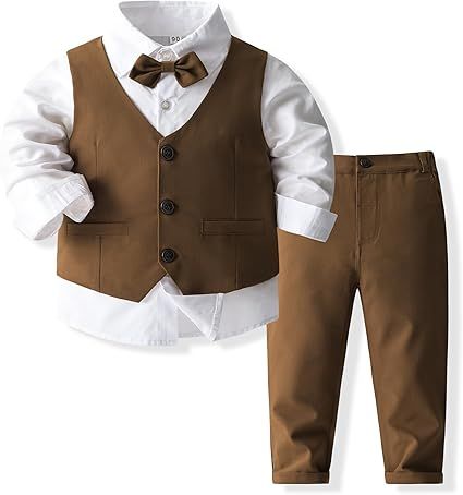 Boys 3Pcs Clothing Sets Cotton Long Sleeve Bowtie Shirts +Vest +Pants Casual Suit
