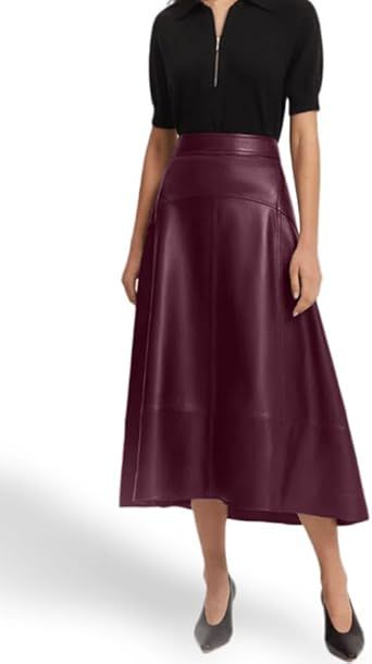 Jild Real Lambskin Leather Skirts for Women High Waist Classical Mid Length Going Out Skirt with Stylish Patchwork
