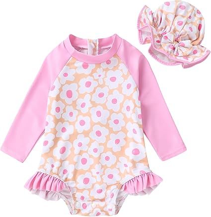 Infant Baby Girl Swimsuit One-Piece Long Sleeve Rash Guard with Hat Set Floral Zipper Bathing Suit Leopard Beach Wear
