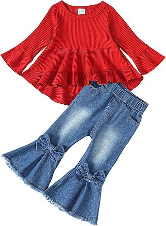 Kucnuzki Toddler Baby Girls Clothes Long Sleeve Shirt Top Flare Denim Jeans Cute Outfit Baby Girl Fall Winter Clothes