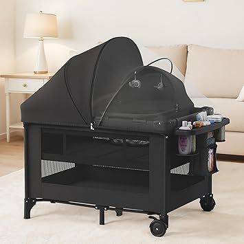 4-in-1 Baby Bassinet with Playard, Napper Bassinet, Changing Table, Mosquito Net & Canopy, Storage and Toys for Newborn to Toddler